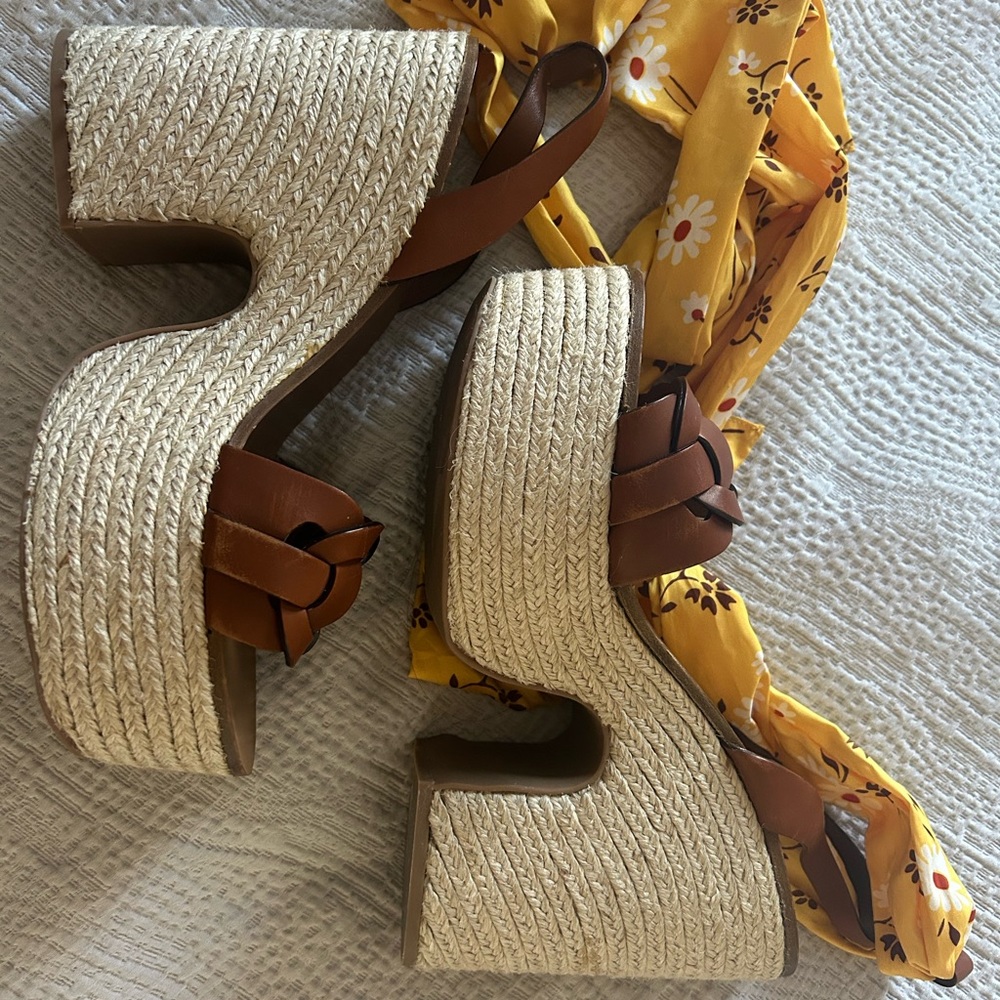 Miu Miu Espadrille Platform Wedges with Yellow Floral Scarf Ties